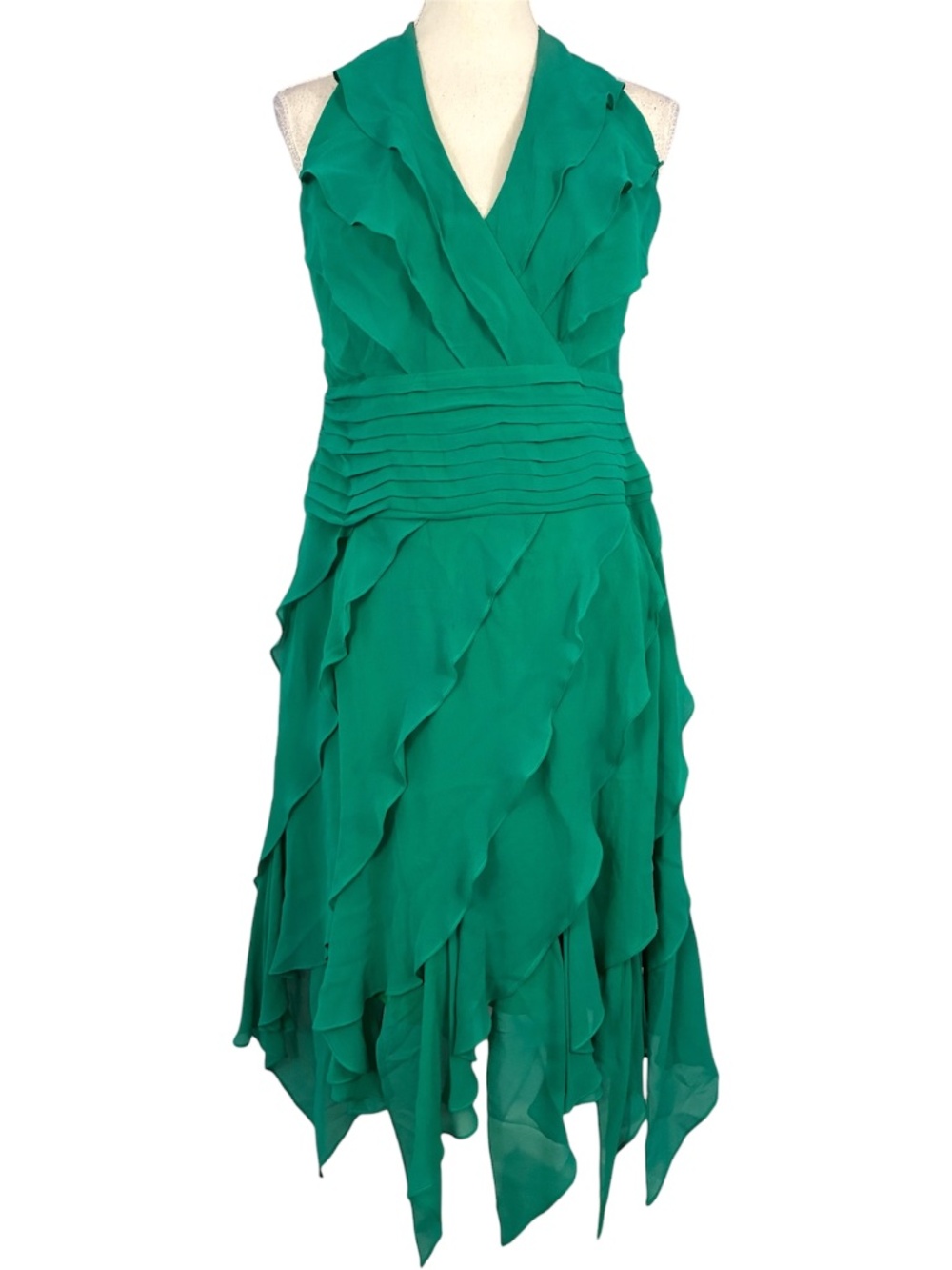 Tadashi Shoji 100% Silk Dress 10 Y2K Asymmetrical Fairy Grunge Emerald Green